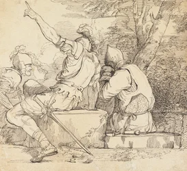 Three Soldiers in Armor Sitting on Stone Blocks